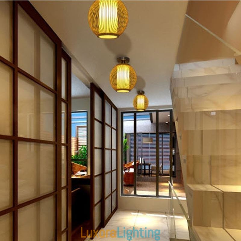 Designer Touch Decorative Unique Semi Flush Mount Creative Round Bamboo Ceiling Light Porch Lighting