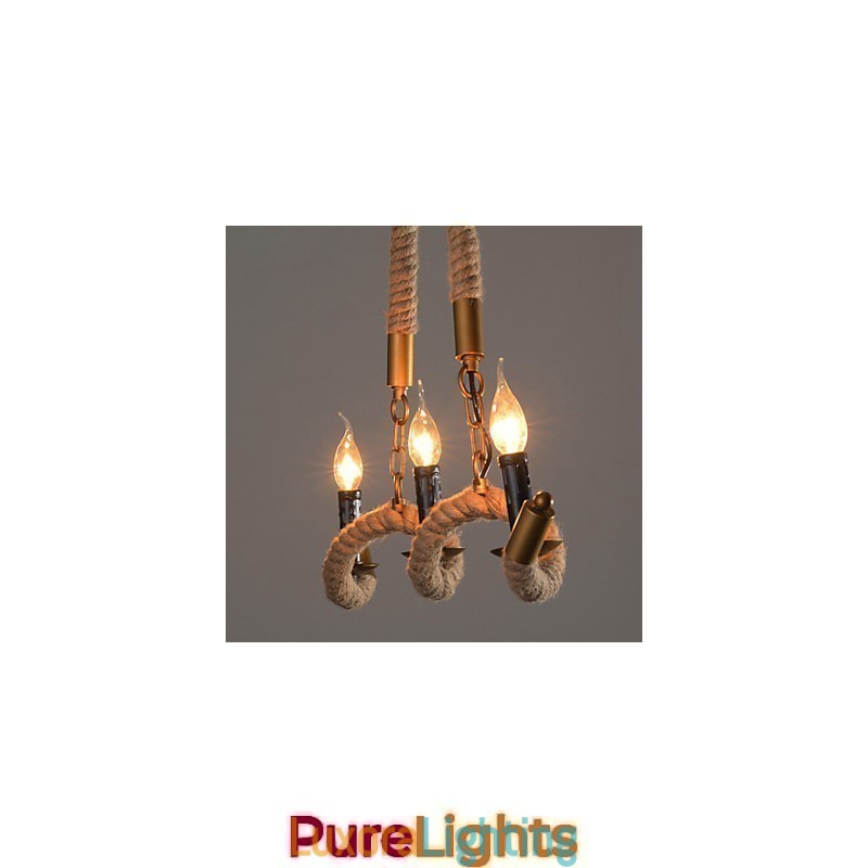 Designer Touch Decorative Candle Hemp Chandelier Vintage Pendant Wrought Iron Wave Hemp Rope Chandelier