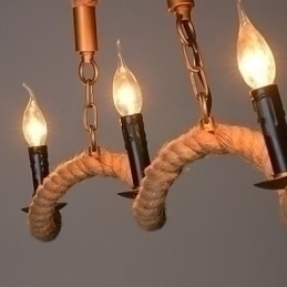 Designer Touch Decorative Candle Hemp Chandelier Vintage Pendant Wrought Iron Wave Hemp Rope Chandelier
