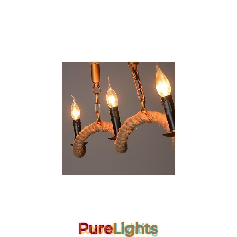 Designer Touch Decorative Candle Hemp Chandelier Vintage Pendant Wrought Iron Wave Hemp Rope Chandelier