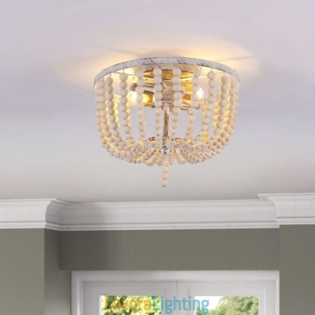 Designer Touch Decorative Farmhouse Wood Beaded Flush Mount Celling Light 3 Light Fixture