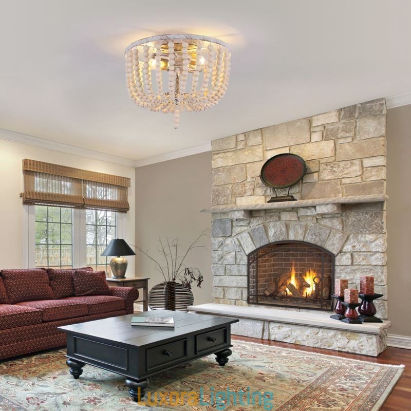 Designer Touch Decorative Farmhouse Wood Beaded Flush Mount Celling Light 3 Light Fixture