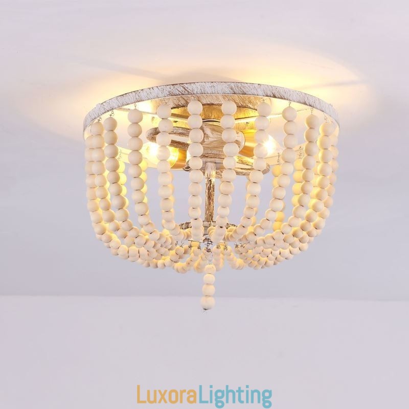 Designer Touch Decorative Farmhouse Wood Beaded Flush Mount Celling Light 3 Light Fixture
