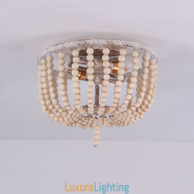 Designer Touch Decorative Farmhouse Wood Beaded Flush Mount Celling Light 3 Light Fixture