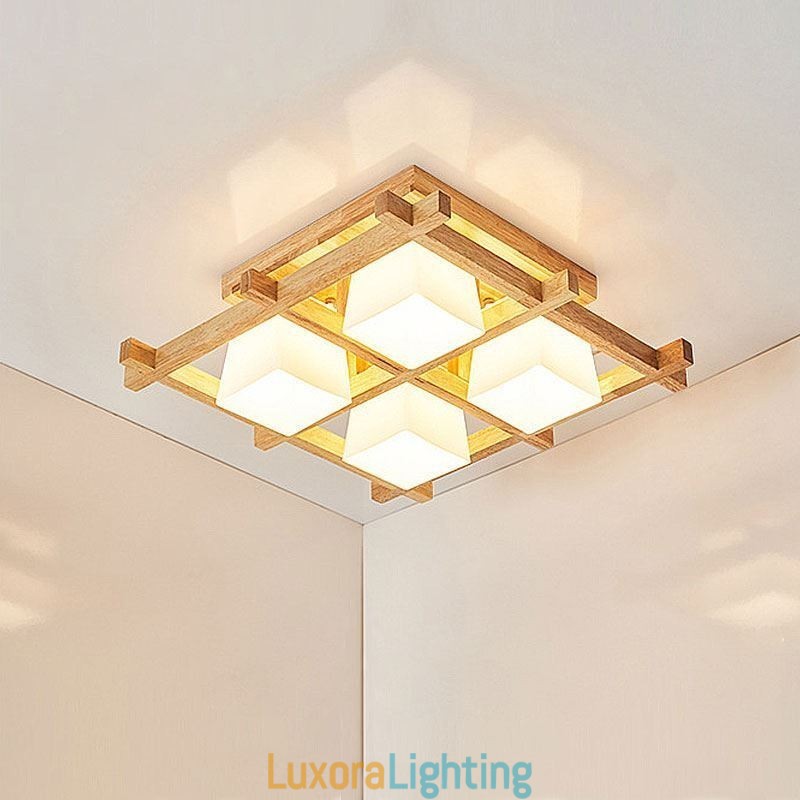 Designer Touch Decorative Nordic Square Grid Flush Mount Ceiling Light Rubber Wood Light