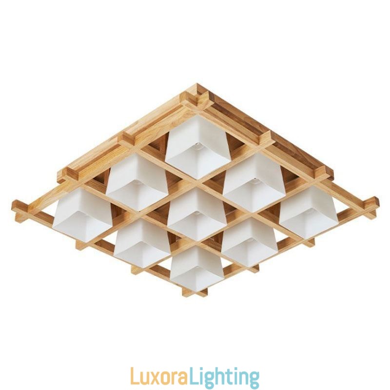 Designer Touch Decorative Nordic Square Grid Flush Mount Ceiling Light Rubber Wood Light