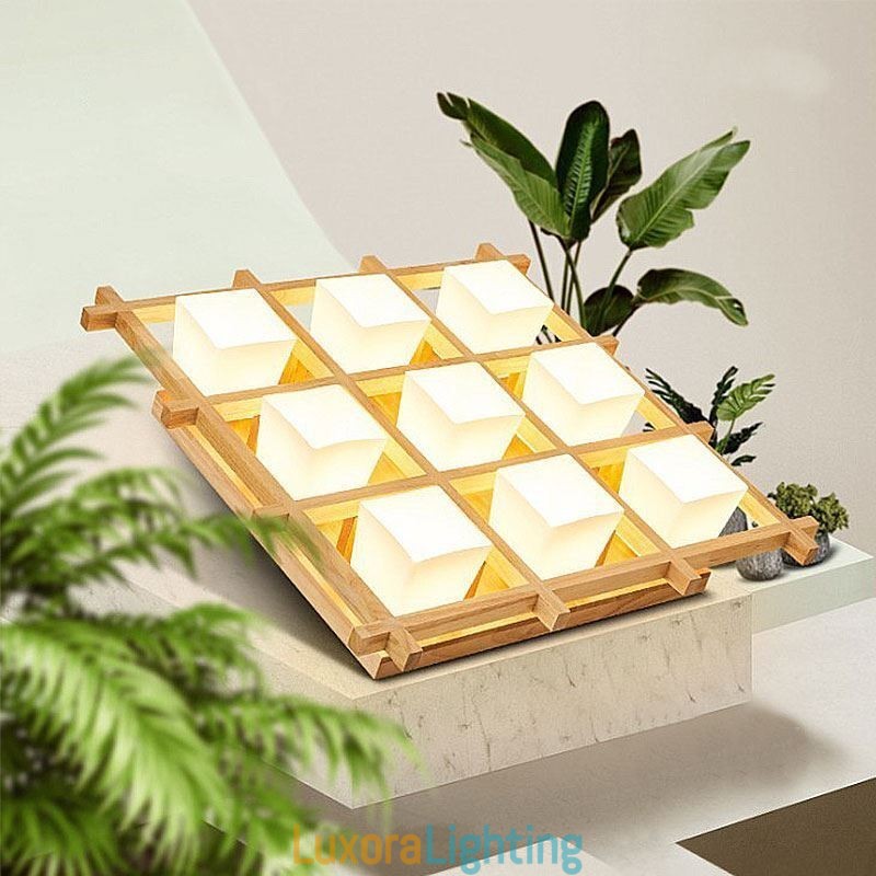 Designer Touch Decorative Nordic Square Grid Flush Mount Ceiling Light Rubber Wood Light