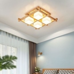Designer Touch Decorative Nordic Square Grid Flush Mount Ceiling Light Rubber Wood Light
