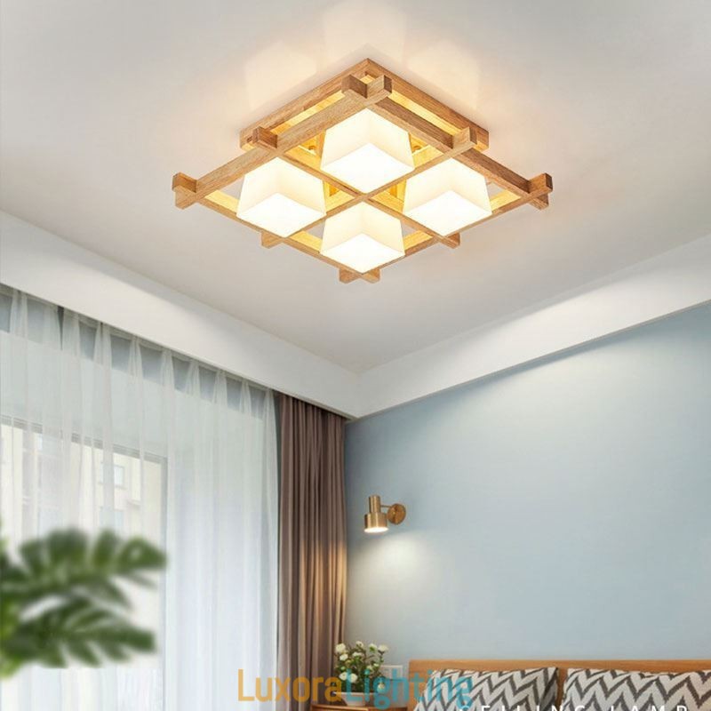Designer Touch Decorative Nordic Square Grid Flush Mount Ceiling Light Rubber Wood Light