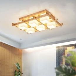 Designer Touch Decorative Nordic Square Grid Flush Mount Ceiling Light Rubber Wood Light