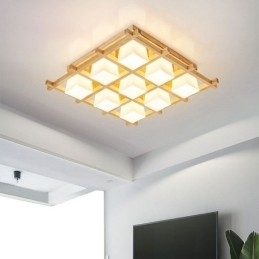 Designer Touch Decorative Nordic Square Grid Flush Mount Ceiling Light Rubber Wood Light