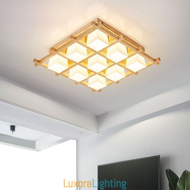 Designer Touch Decorative Nordic Square Grid Flush Mount Ceiling Light Rubber Wood Light