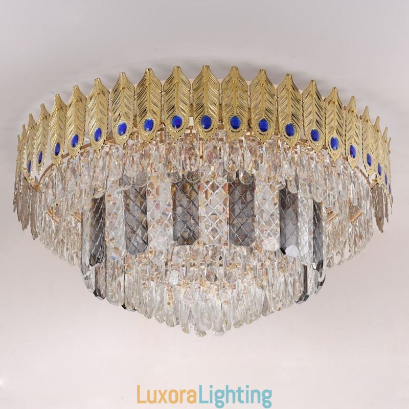 Designer Touch Decorative Crystal Flush Mount Round Electroplated Phoenix Tail Gold Luxury Decrative Ceiling Light