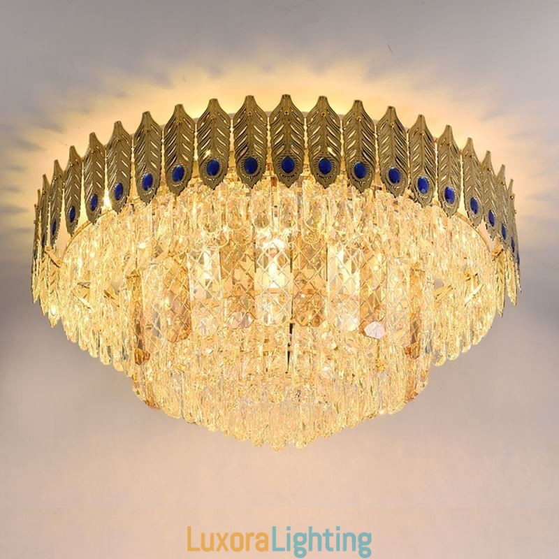 Designer Touch Decorative Crystal Flush Mount Round Electroplated Phoenix Tail Gold Luxury Decrative Ceiling Light