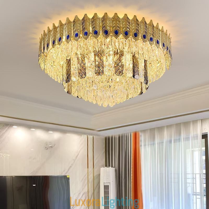 Designer Touch Decorative Crystal Flush Mount Round Electroplated Phoenix Tail Gold Luxury Decrative Ceiling Light
