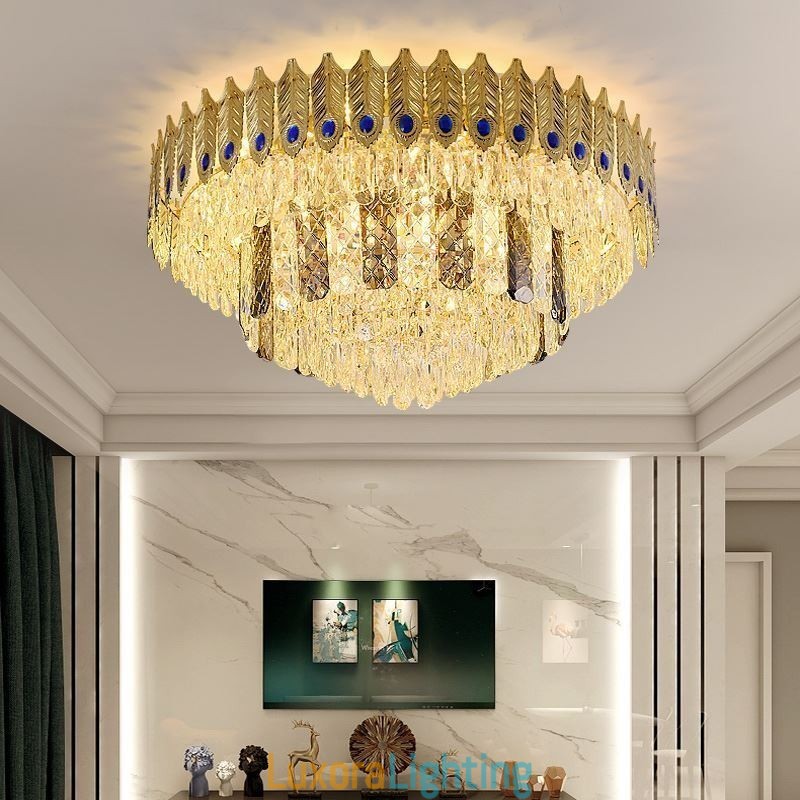 Designer Touch Decorative Crystal Flush Mount Round Electroplated Phoenix Tail Gold Luxury Decrative Ceiling Light