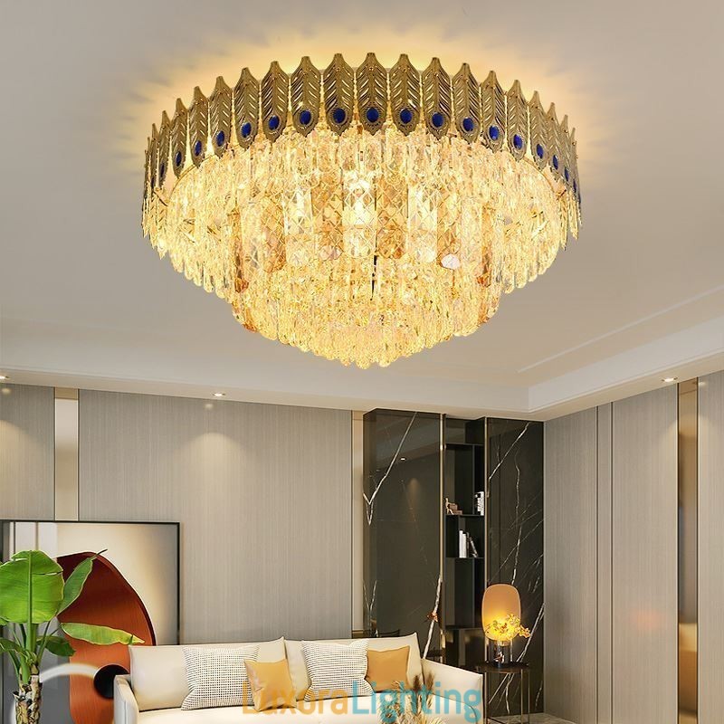 Designer Touch Decorative Crystal Flush Mount Round Electroplated Phoenix Tail Gold Luxury Decrative Ceiling Light