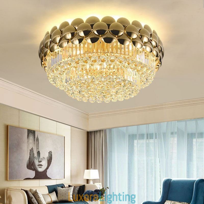 Designer Touch Decorative Crystal Flush Mount Round Electroplated Gold Luxury Decrative Ceiling Light 80cm