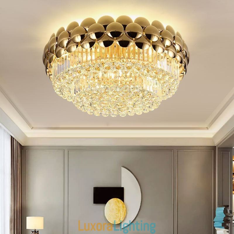 Designer Touch Decorative Crystal Flush Mount Round Electroplated Gold Luxury Decrative Ceiling Light 80cm