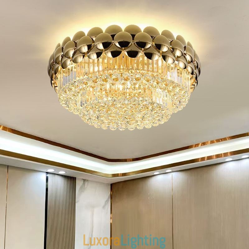Designer Touch Decorative Crystal Flush Mount Round Electroplated Gold Luxury Decrative Ceiling Light 80cm