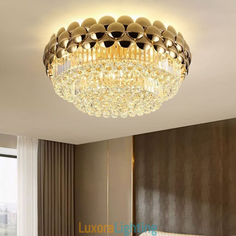 Designer Touch Decorative Crystal Flush Mount Round Electroplated Gold Luxury Decrative Ceiling Light 80cm