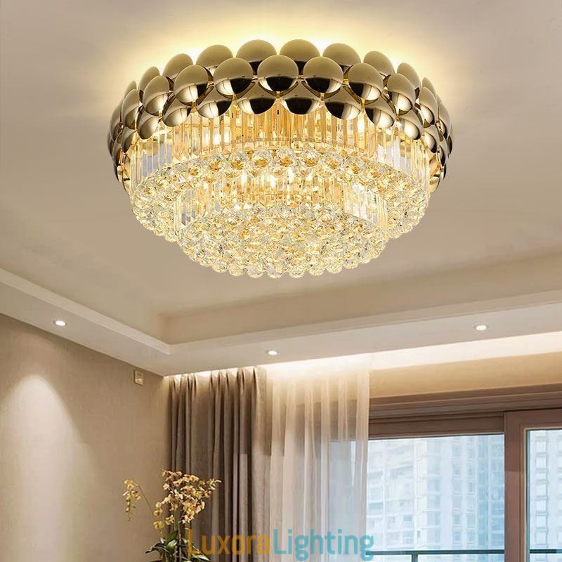 Designer Touch Decorative Crystal Flush Mount Round Electroplated Gold Luxury Decrative Ceiling Light 80cm