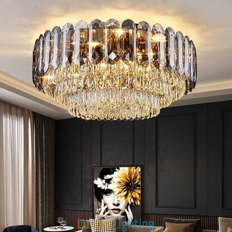 Designer Touch Decorative Crystal Flush Mount Smoky Gray Round Crystal Decoration Ceiling Light