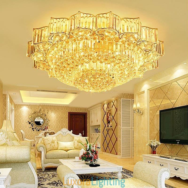 Designer Touch Decorative Elegant Flush Mounted Round Crystal Chandelier Flower Shaped