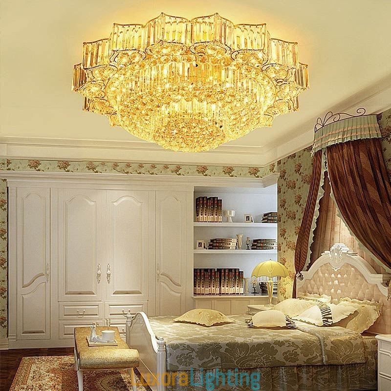 Designer Touch Decorative Elegant Flush Mounted Round Crystal Chandelier Flower Shaped