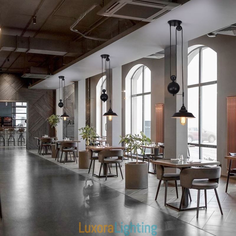 Designer Touch Decorative Industrial Farmhouse Pulley Pendant Light Retractable Design Adjustable Height