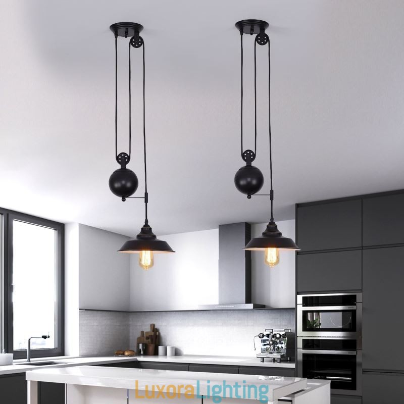 Designer Touch Decorative Industrial Farmhouse Pulley Pendant Light Retractable Design Adjustable Height
