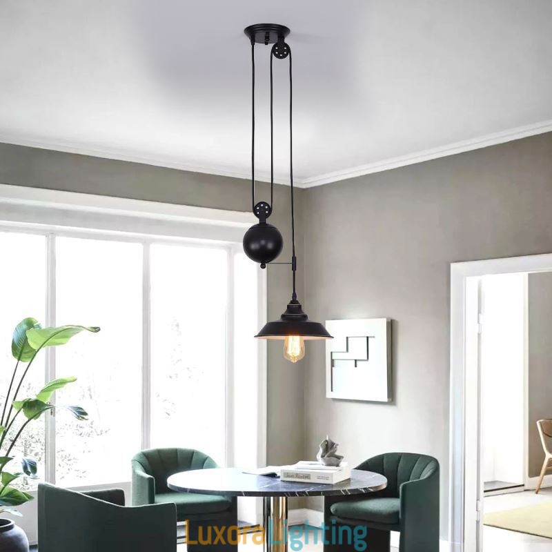 Designer Touch Decorative Industrial Farmhouse Pulley Pendant Light Retractable Design Adjustable Height