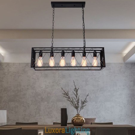 Designer Touch Decorative Rustic Rectangular Pendant Light 6 Light Farmhouse Hanging Light