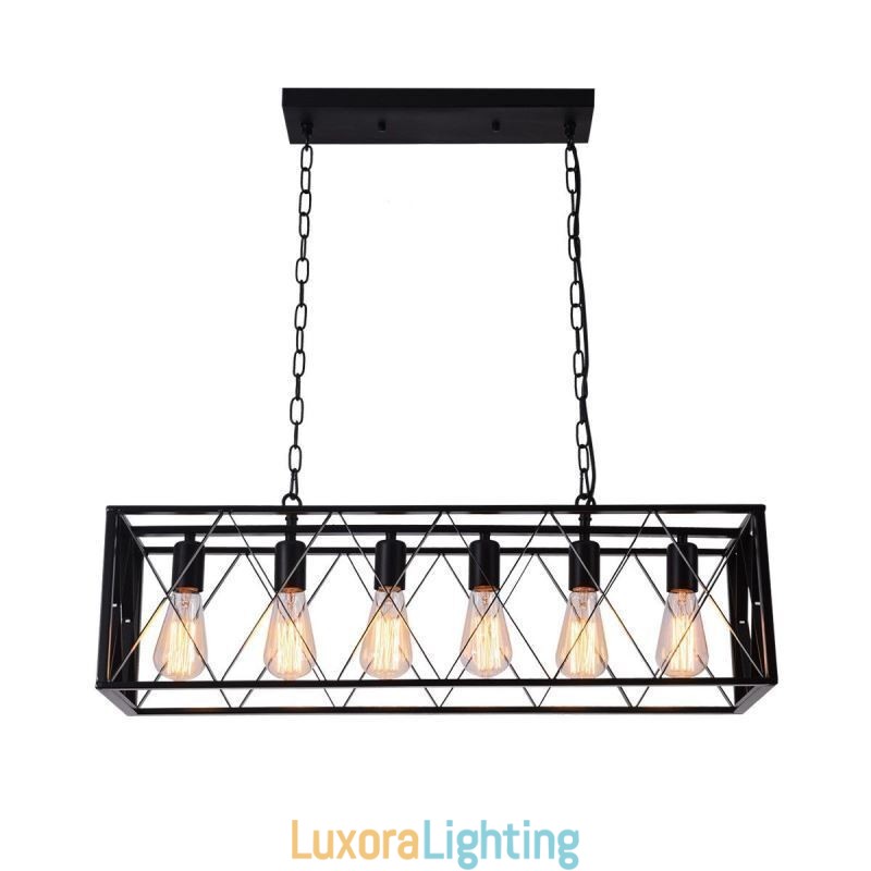 Designer Touch Decorative Rustic Rectangular Pendant Light 6 Light Farmhouse Hanging Light