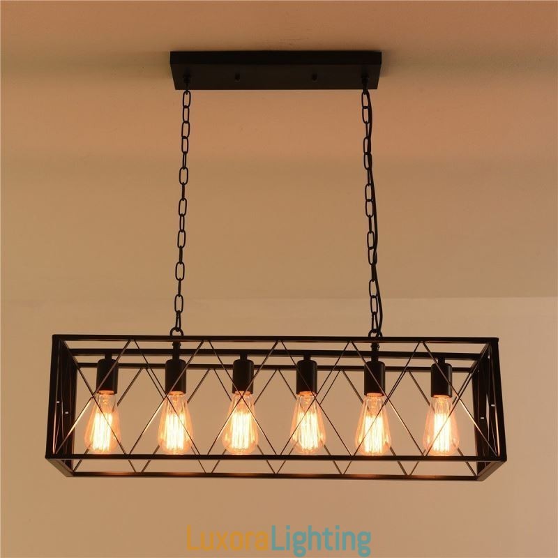 Designer Touch Decorative Rustic Rectangular Pendant Light 6 Light Farmhouse Hanging Light