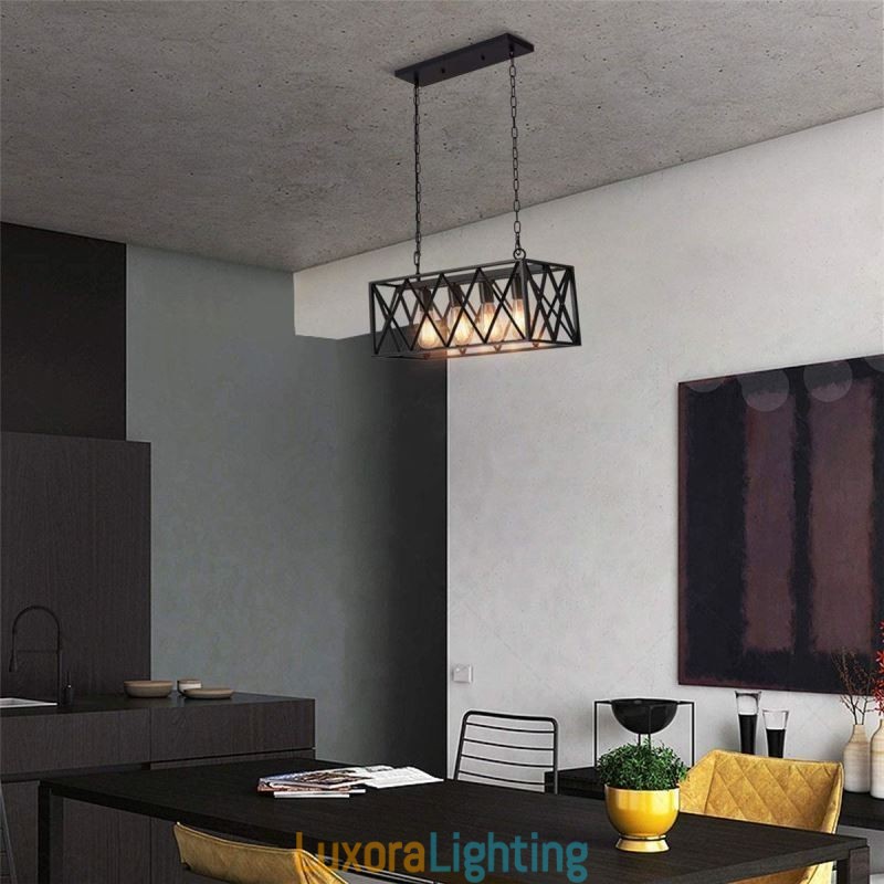Designer Touch Decorative Rustic Rectangular Pendant Light 4 Light Farmhouse Hanging Light