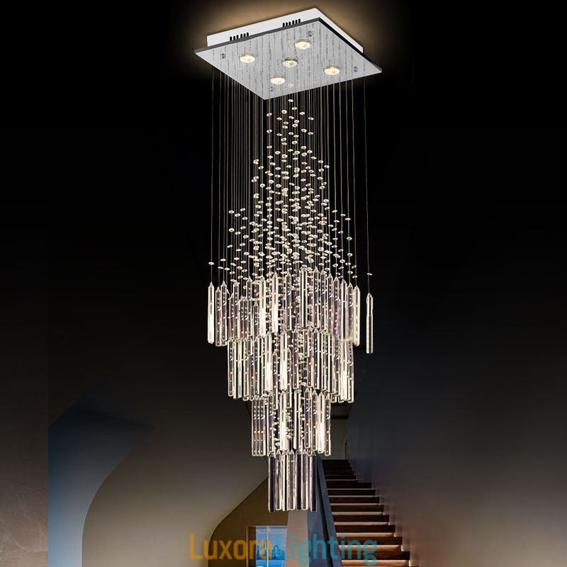 Designer Touch Decorative Modern Square Crystal Chandelier Contemporary Elegant Ceiling Light Fixture Duplex Stair