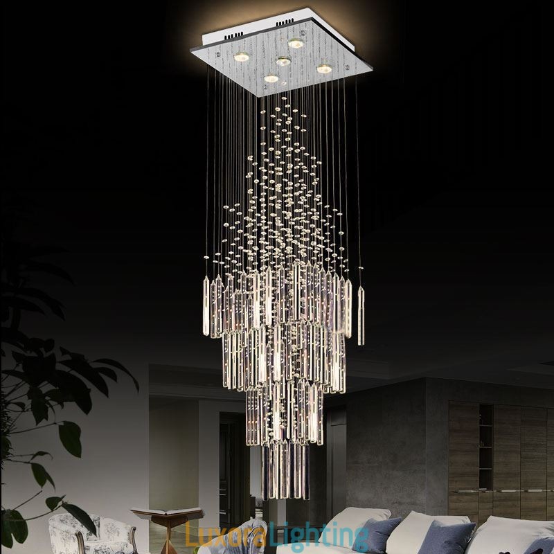 Designer Touch Decorative Modern Square Crystal Chandelier Contemporary Elegant Ceiling Light Fixture Duplex Stair