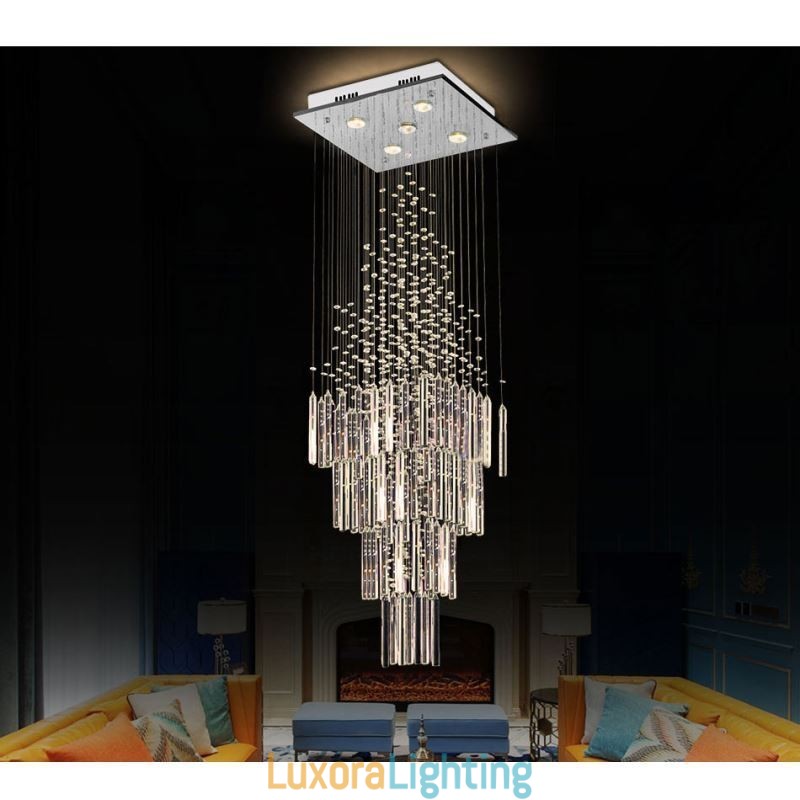 Designer Touch Decorative Modern Square Crystal Chandelier Contemporary Elegant Ceiling Light Fixture Duplex Stair
