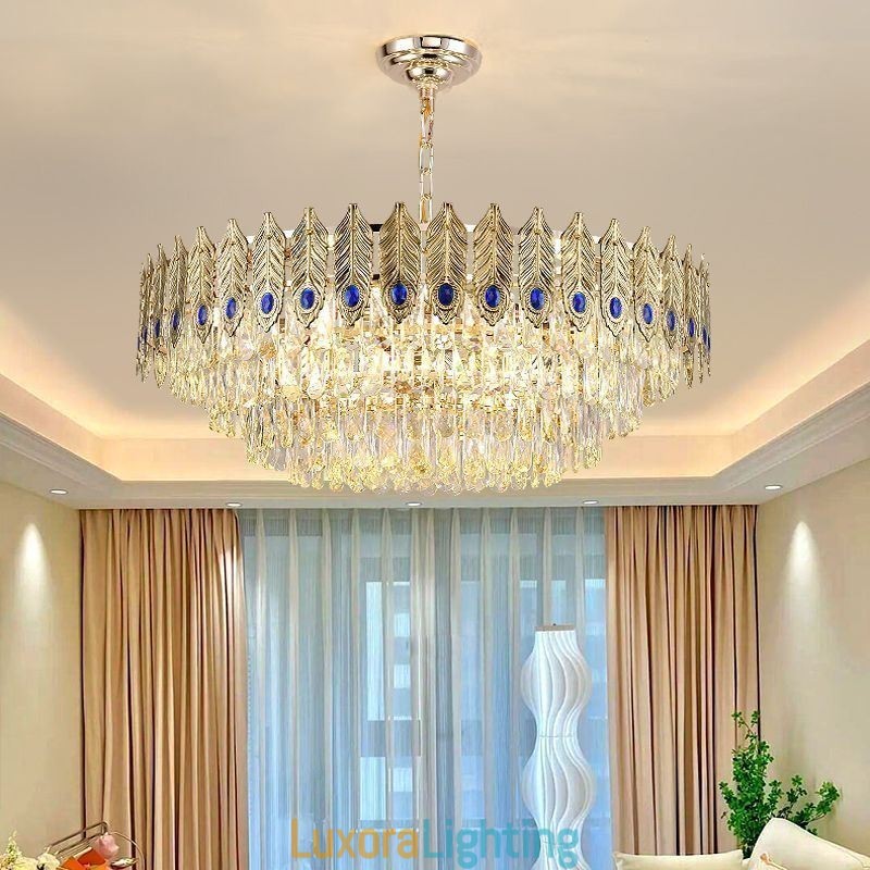 Designer Touch Decorative Golden Feather Crystal Pendant Light Duplex Ceiling Light
