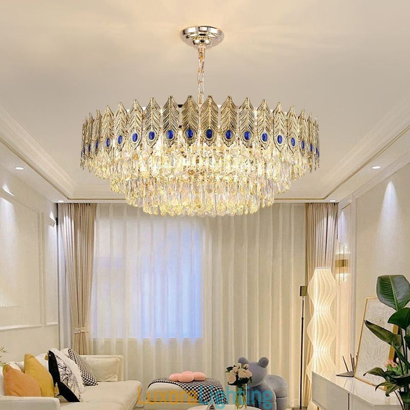 Designer Touch Decorative Golden Feather Crystal Pendant Light Duplex Ceiling Light