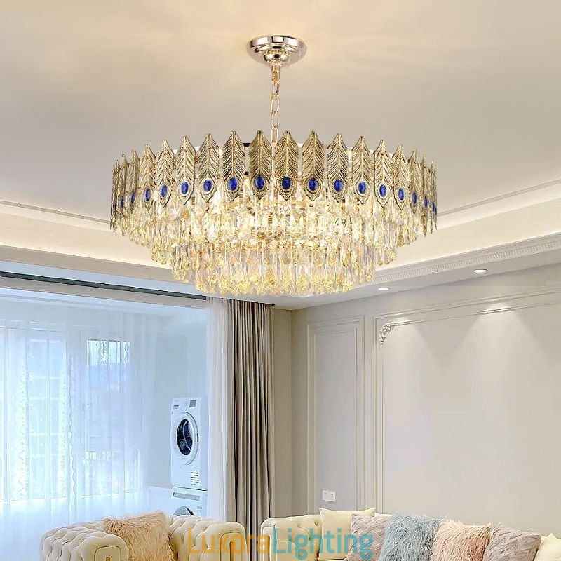 Designer Touch Decorative Golden Feather Crystal Pendant Light Duplex Ceiling Light