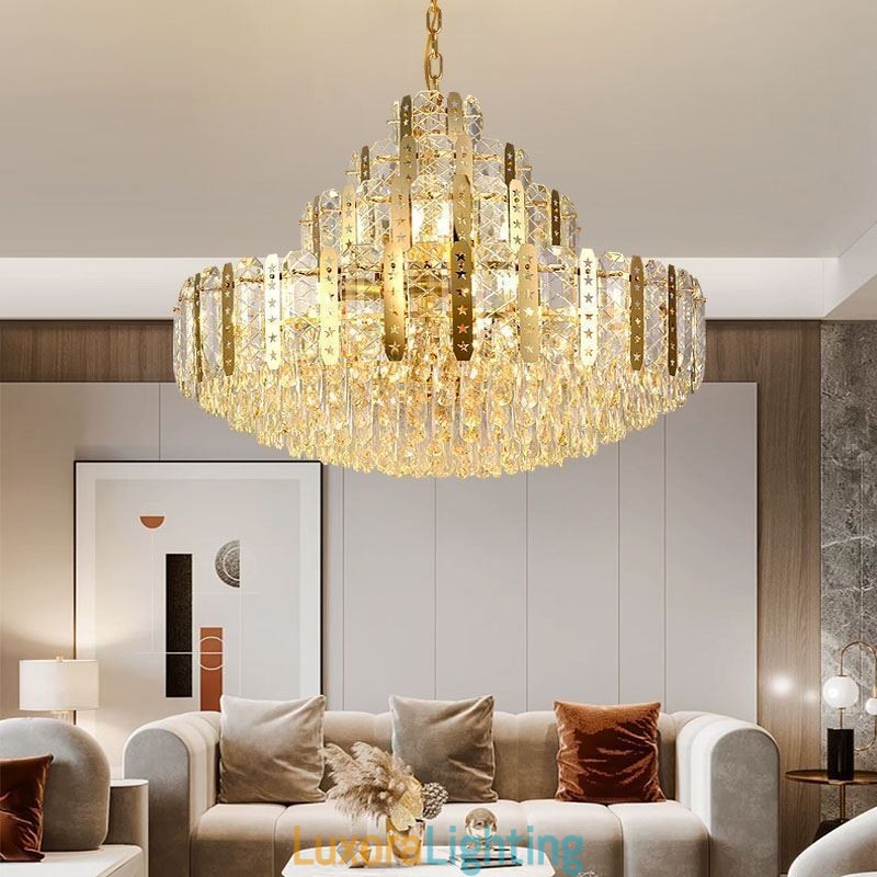 Designer Touch Decorative Crystal Pendant Light 4th Floor Luxury Decrative Ceiling Light with Golden Hollow Iron Sheet