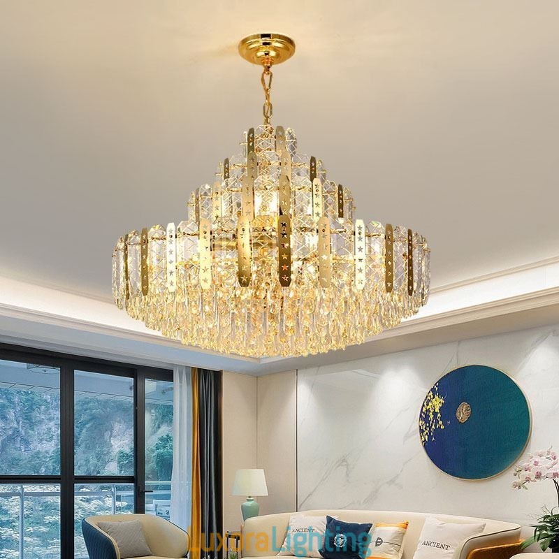 Designer Touch Decorative Crystal Pendant Light 4th Floor Luxury Decrative Ceiling Light with Golden Hollow Iron Sheet