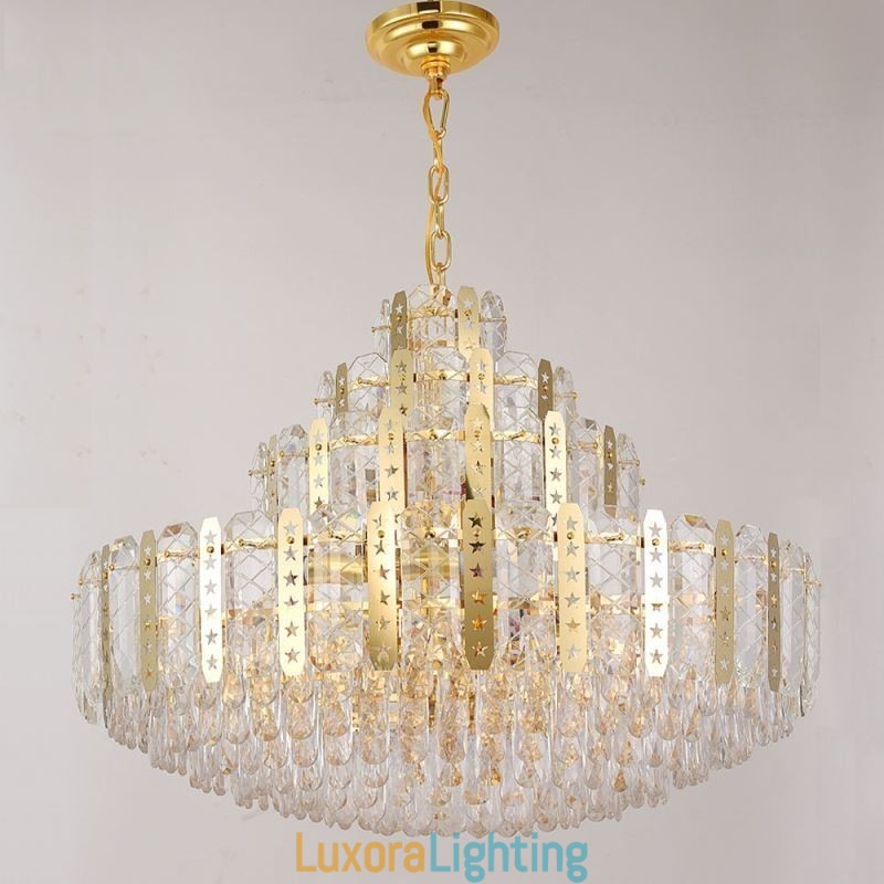 Designer Touch Decorative Crystal Pendant Light 4th Floor Luxury Decrative Ceiling Light with Golden Hollow Iron Sheet