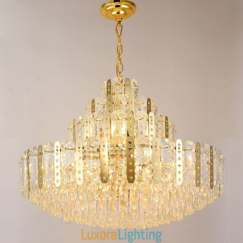 Designer Touch Decorative Crystal Pendant Light 4th Floor Luxury Decrative Ceiling Light with Golden Hollow Iron Sheet