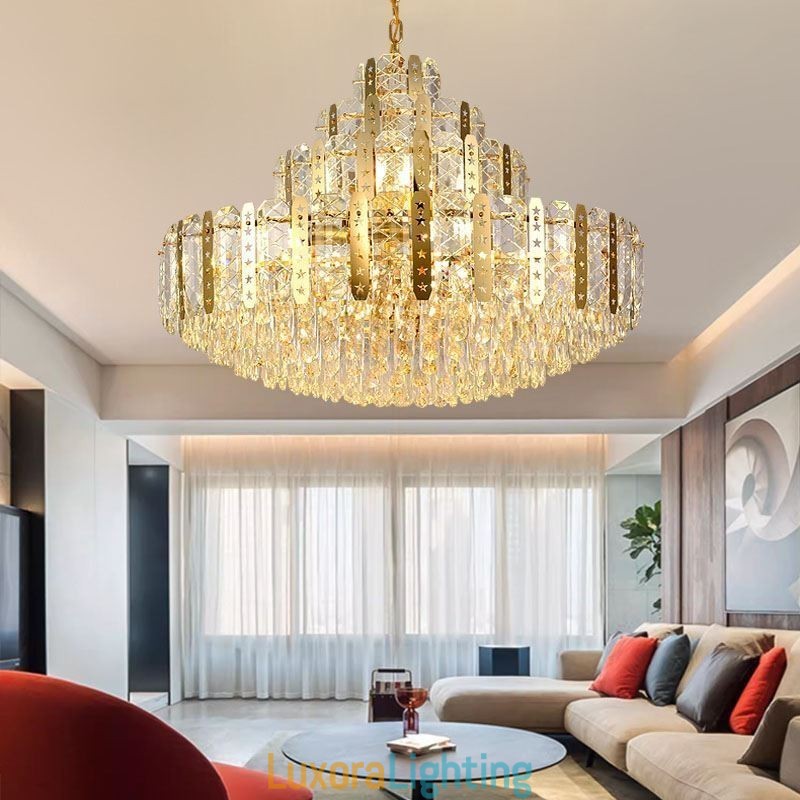 Designer Touch Decorative Crystal Pendant Light 4th Floor Luxury Decrative Ceiling Light with Golden Hollow Iron Sheet