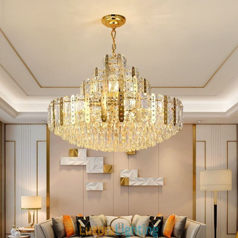 Designer Touch Decorative Crystal Pendant Light 4th Floor Luxury Decrative Ceiling Light with Golden Hollow Iron Sheet