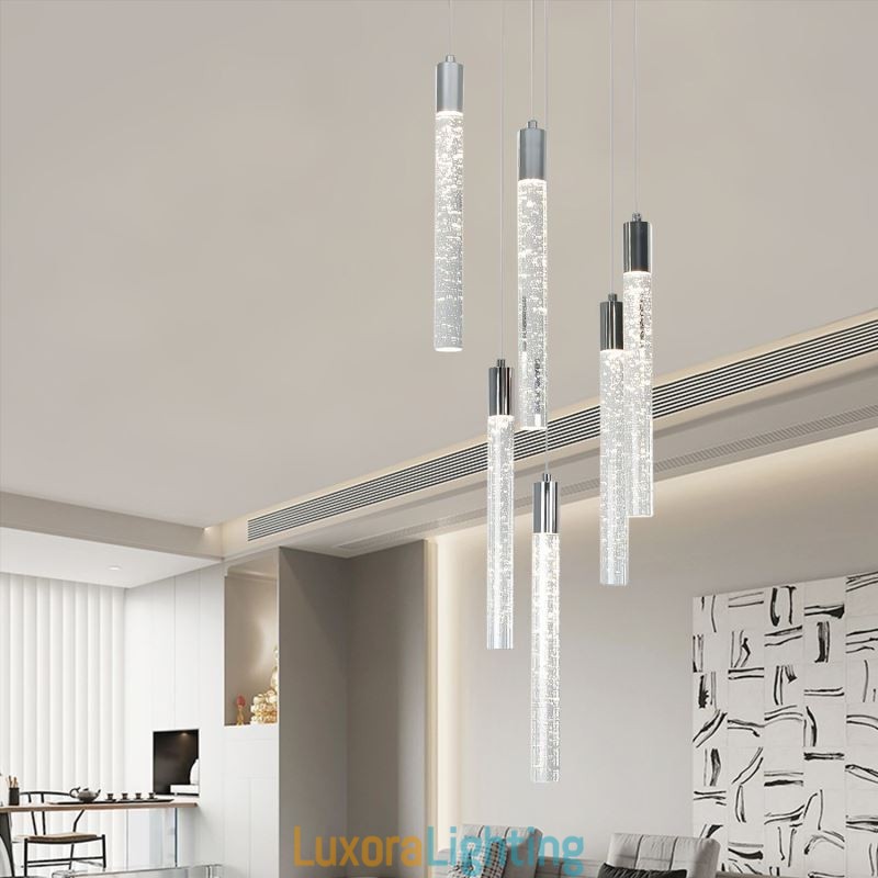 Designer Touch Decorative Pendant Light Chrome Crystal Column Cluster Ceiling Light