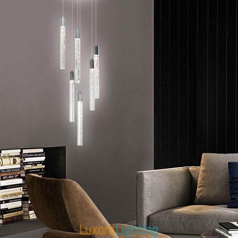 Designer Touch Decorative Pendant Light Chrome Crystal Column Cluster Ceiling Light